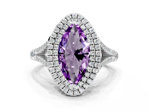 White gold Marquise Cut Amethyst Double Halo Ring with Split Shank and Prong Setting