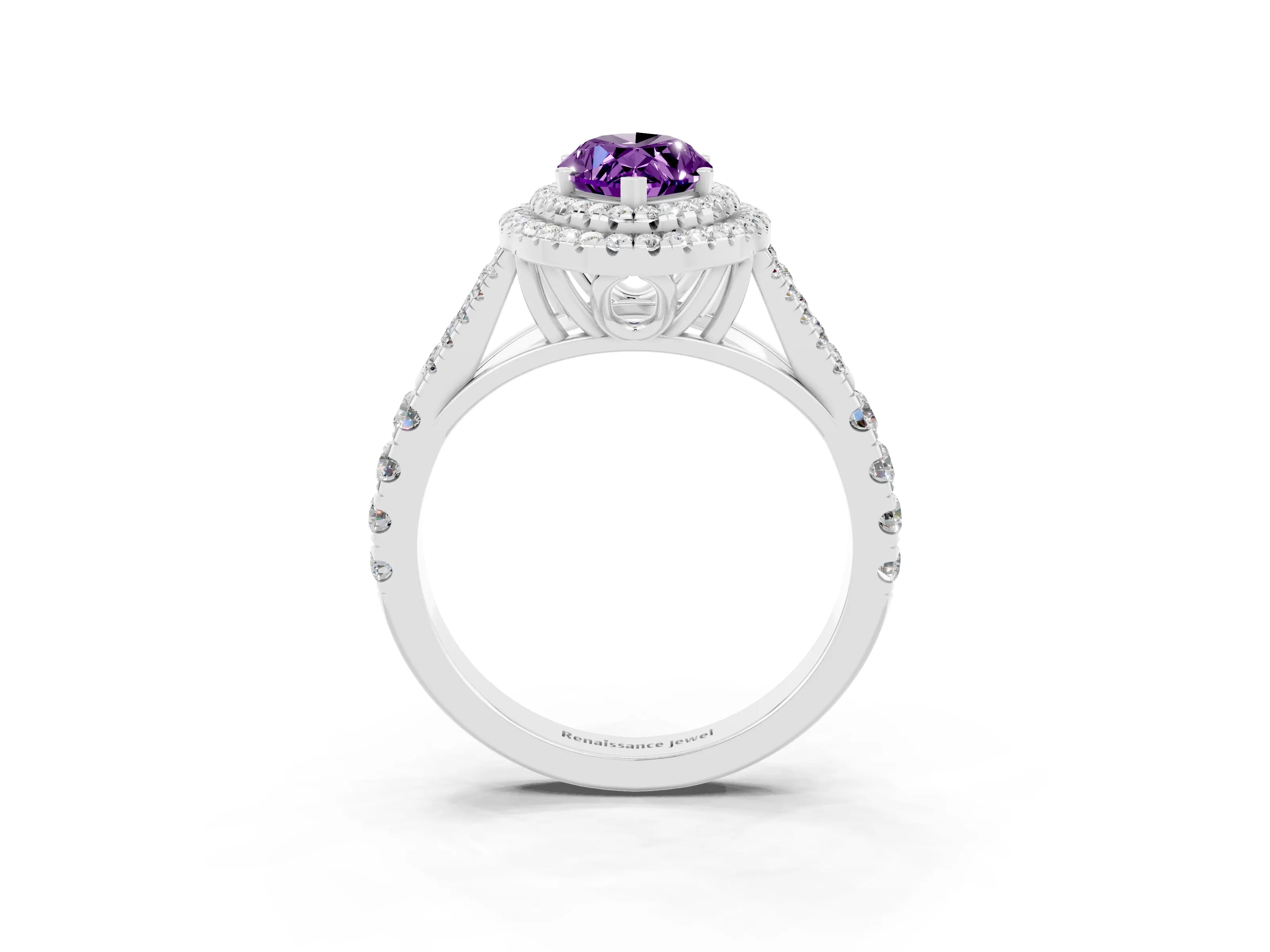 White gold Marquise Cut Amethyst Double Halo Ring with Split Shank and Prong Setting_27