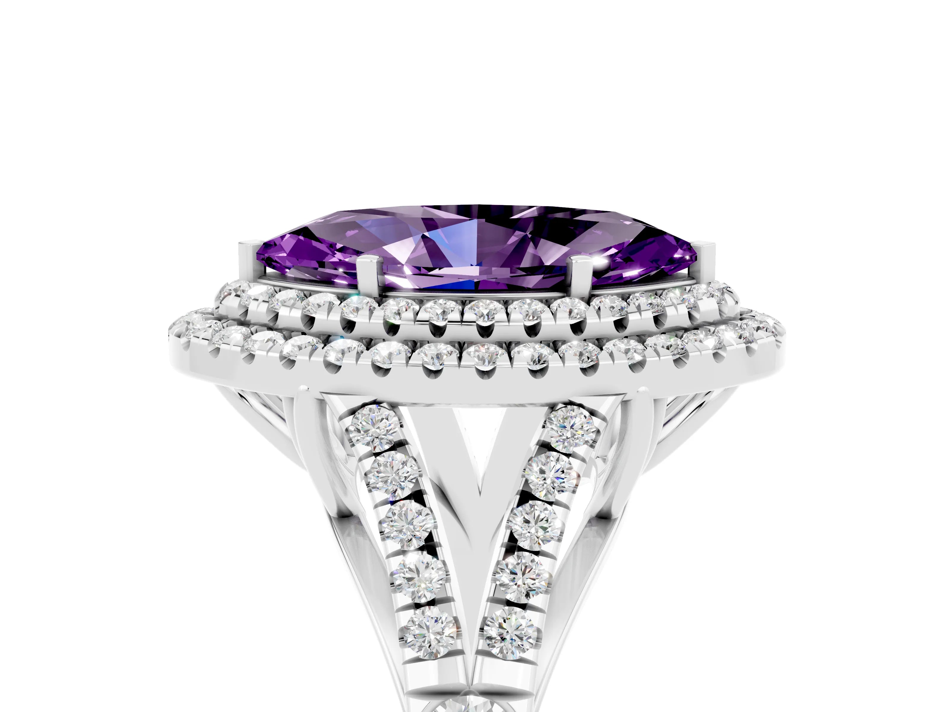 White gold Marquise Cut Amethyst Double Halo Ring with Split Shank and Prong Setting_29
