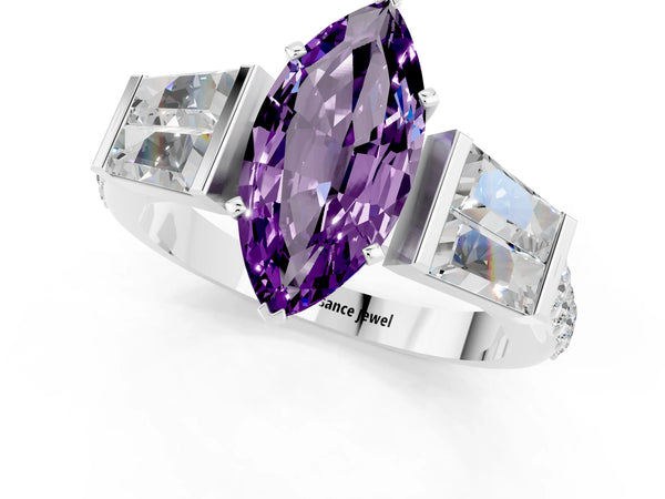 White gold Marquise Cut Amethyst Engagement Ring with Baguette Side Stones and Channel Set Band