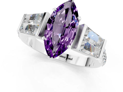 White gold Marquise Cut Amethyst Engagement Ring with Baguette Side Stones and Channel Set Band_1