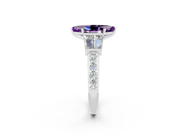 White gold Marquise Cut Amethyst Engagement Ring with Baguette Side Stones and Channel Set Band