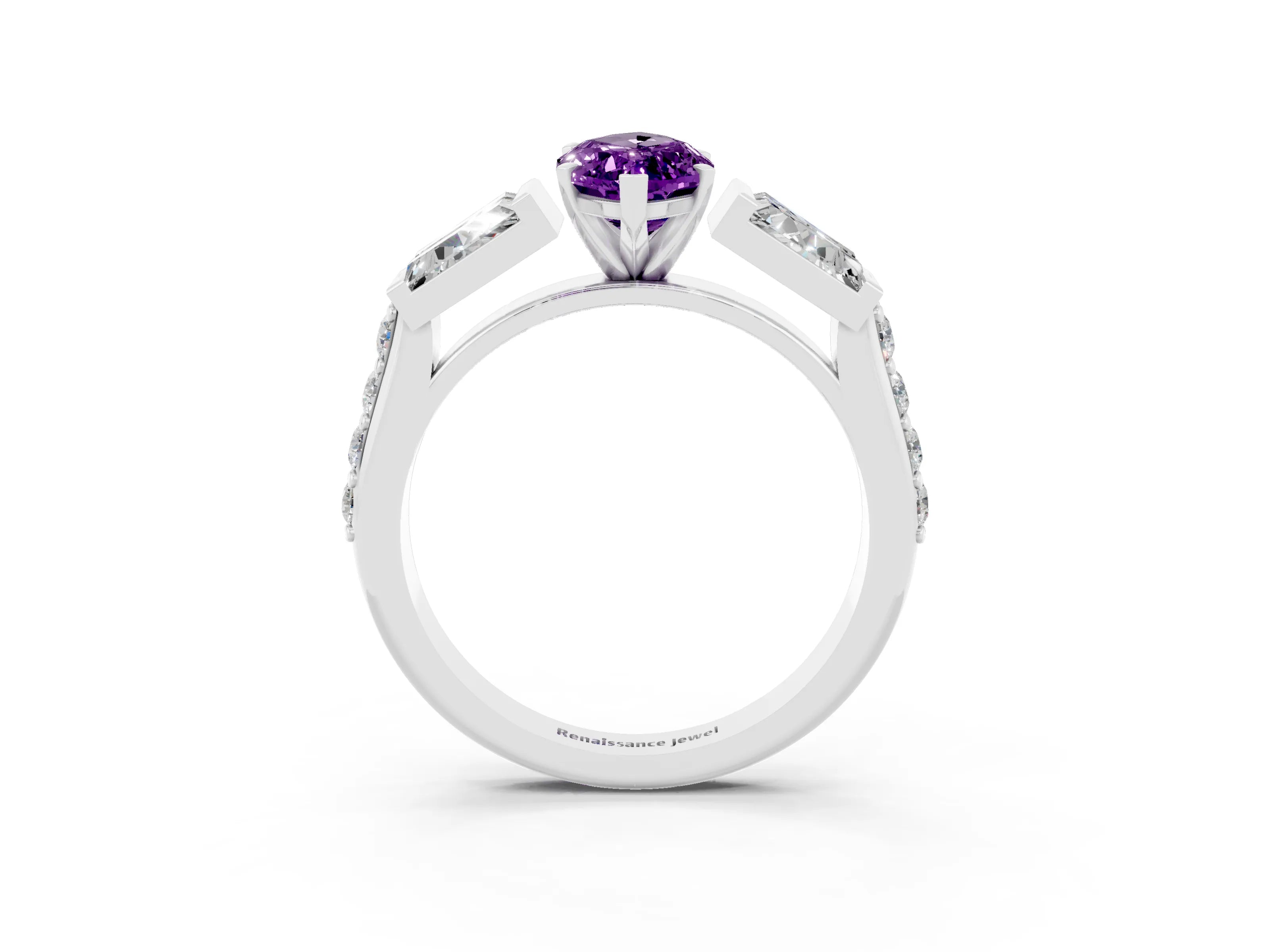 White gold Marquise Cut Amethyst Engagement Ring with Baguette Side Stones and Channel Set Band_3