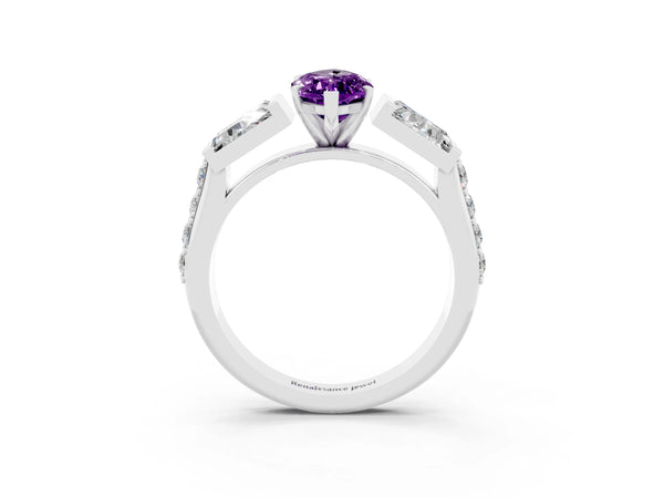 Silver Marquise Cut Amethyst Engagement Ring with Baguette Side Stones and Channel Set Band
