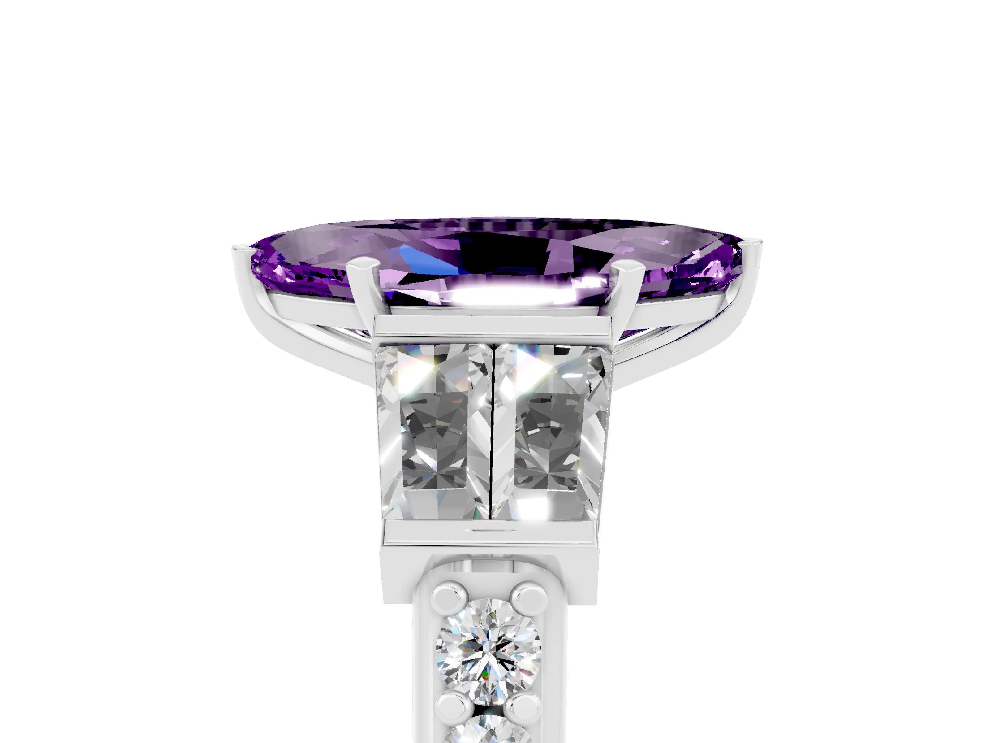 White gold Marquise Cut Amethyst Engagement Ring with Baguette Side Stones and Channel Set Band_5