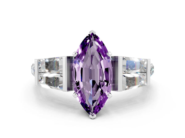Silver Marquise Cut Amethyst Engagement Ring with Baguette Side Stones and Channel Set Band