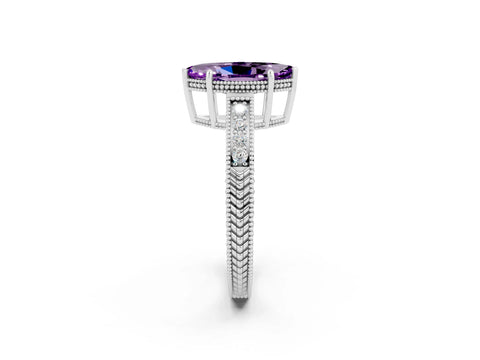 White gold Marquise Cut Amethyst Engagement Ring with Milgrain Channel Set Band and Prong Setting_2