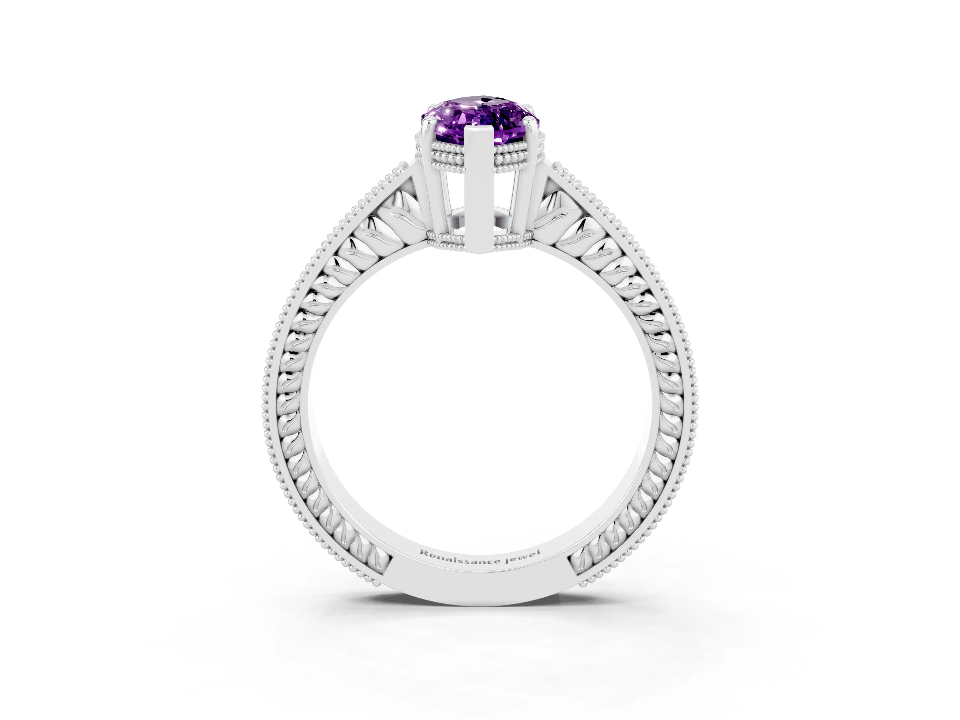 White gold Marquise Cut Amethyst Engagement Ring with Milgrain Channel Set Band and Prong Setting_3