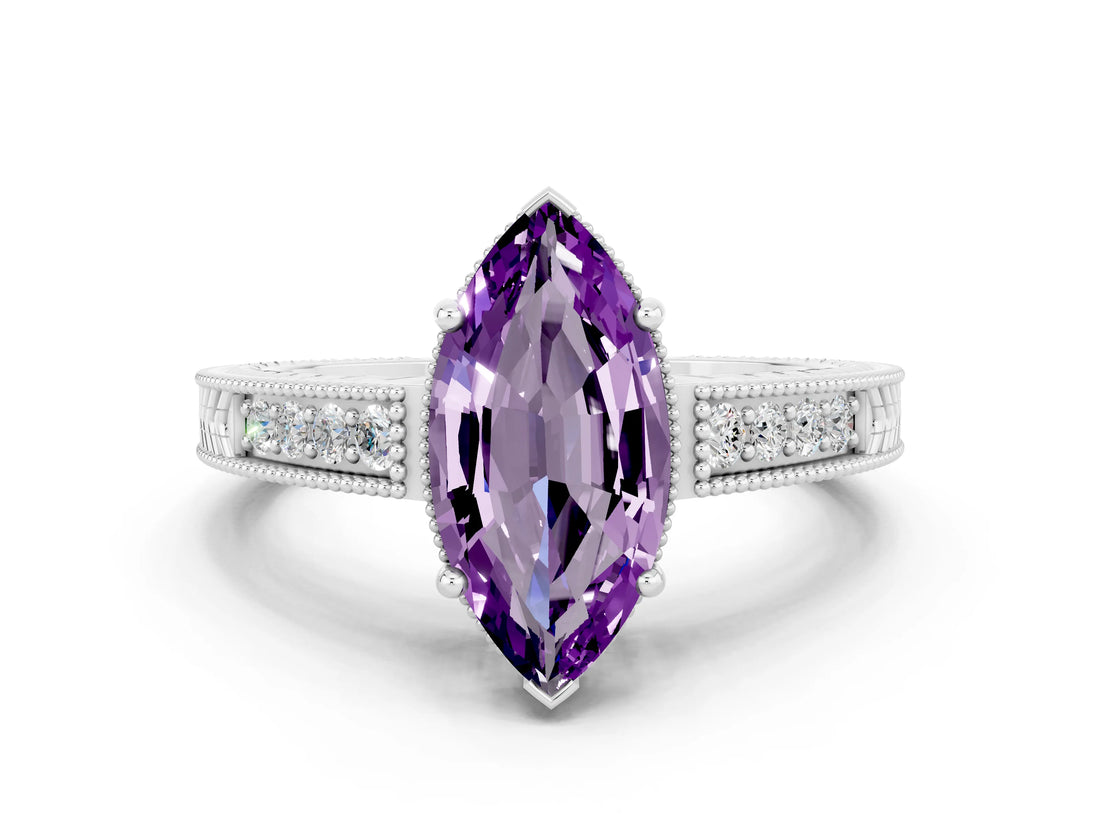 White gold Marquise Cut Amethyst Engagement Ring with Milgrain Channel Set Band and Prong Setting
