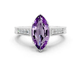 White gold Marquise Cut Amethyst Engagement Ring with Milgrain Channel Set Band and Prong Setting
