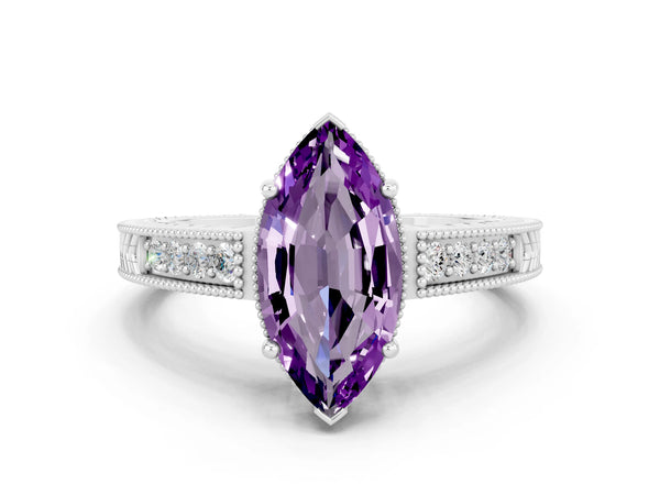 Silver Marquise Cut Amethyst Engagement Ring with Milgrain Channel Set Band and Prong Setting