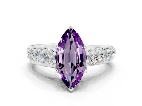 Platinum Marquise Cut Amethyst Engagement Ring with Pavé Band and Four-Prong Setting