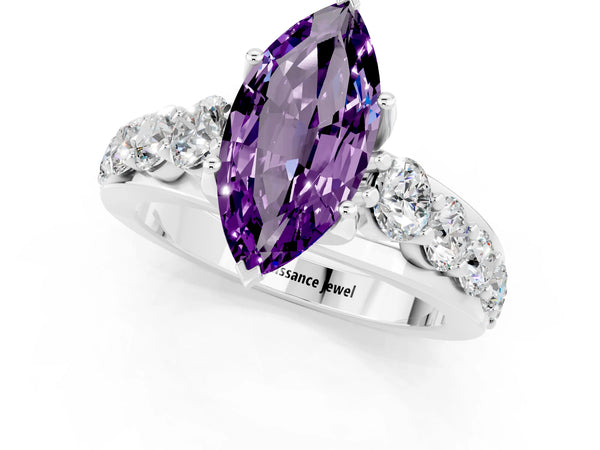 Platinum Marquise Cut Amethyst Engagement Ring with Pavé Band and Four-Prong Setting