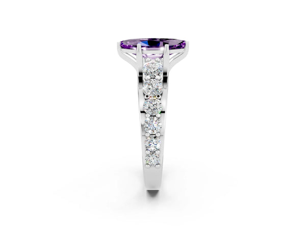 Platinum Marquise Cut Amethyst Engagement Ring with Pavé Band and Four-Prong Setting