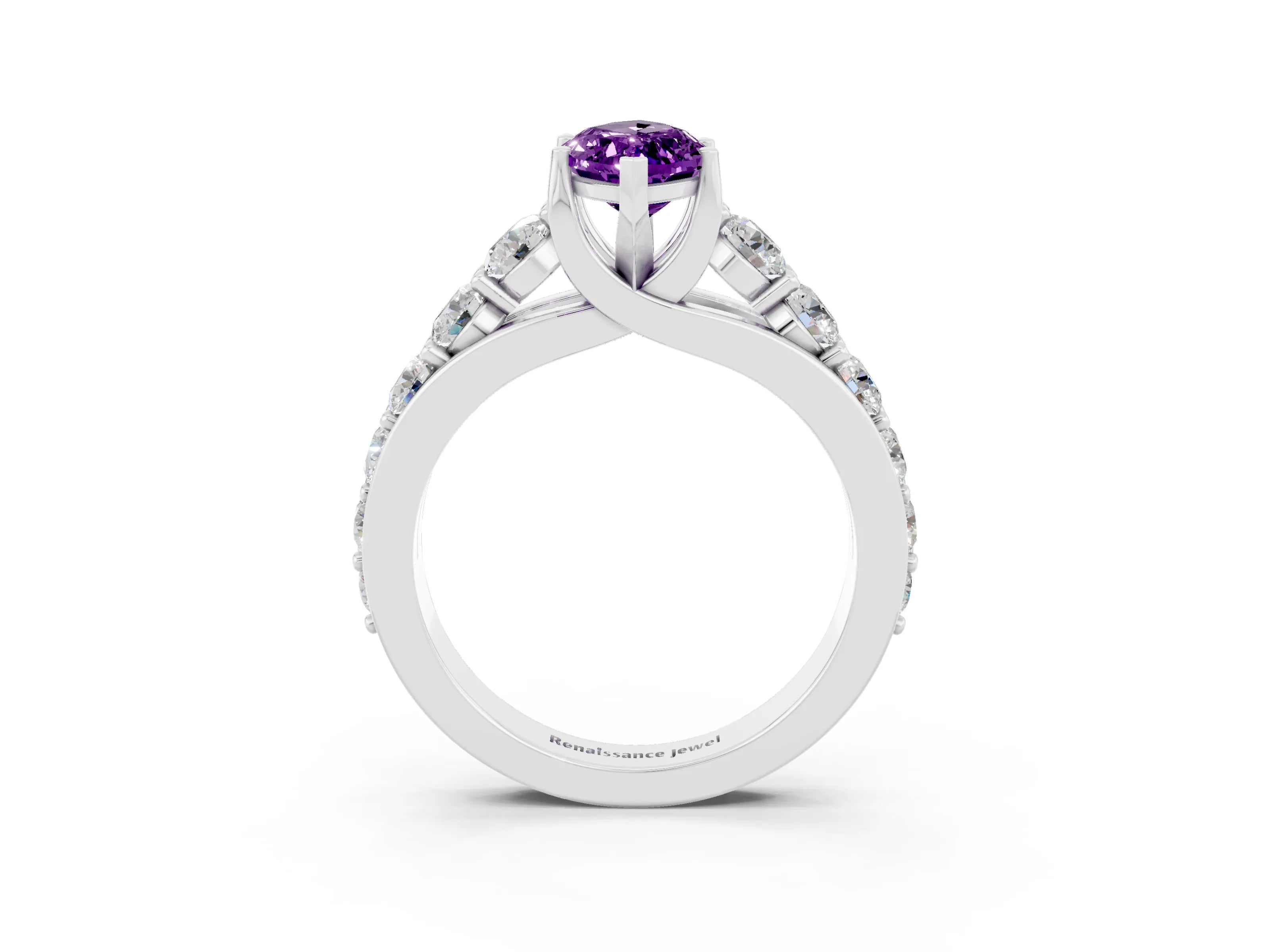White gold Marquise Cut Amethyst Engagement Ring with Pavé Band and Four-Prong Setting_3