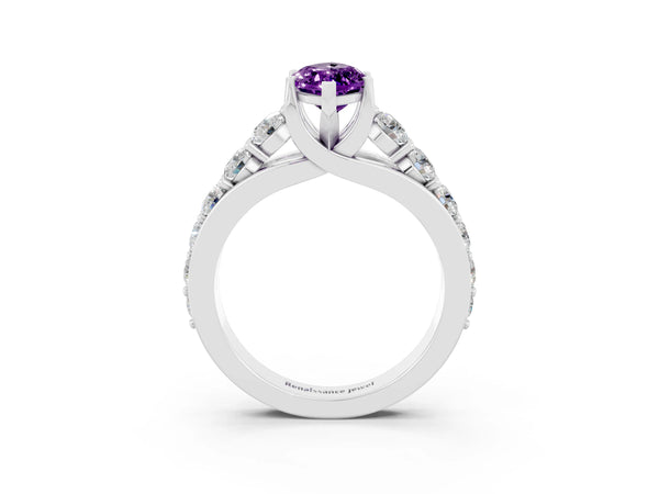 Silver Marquise Cut Amethyst Engagement Ring with Pavé Band and Four-Prong Setting