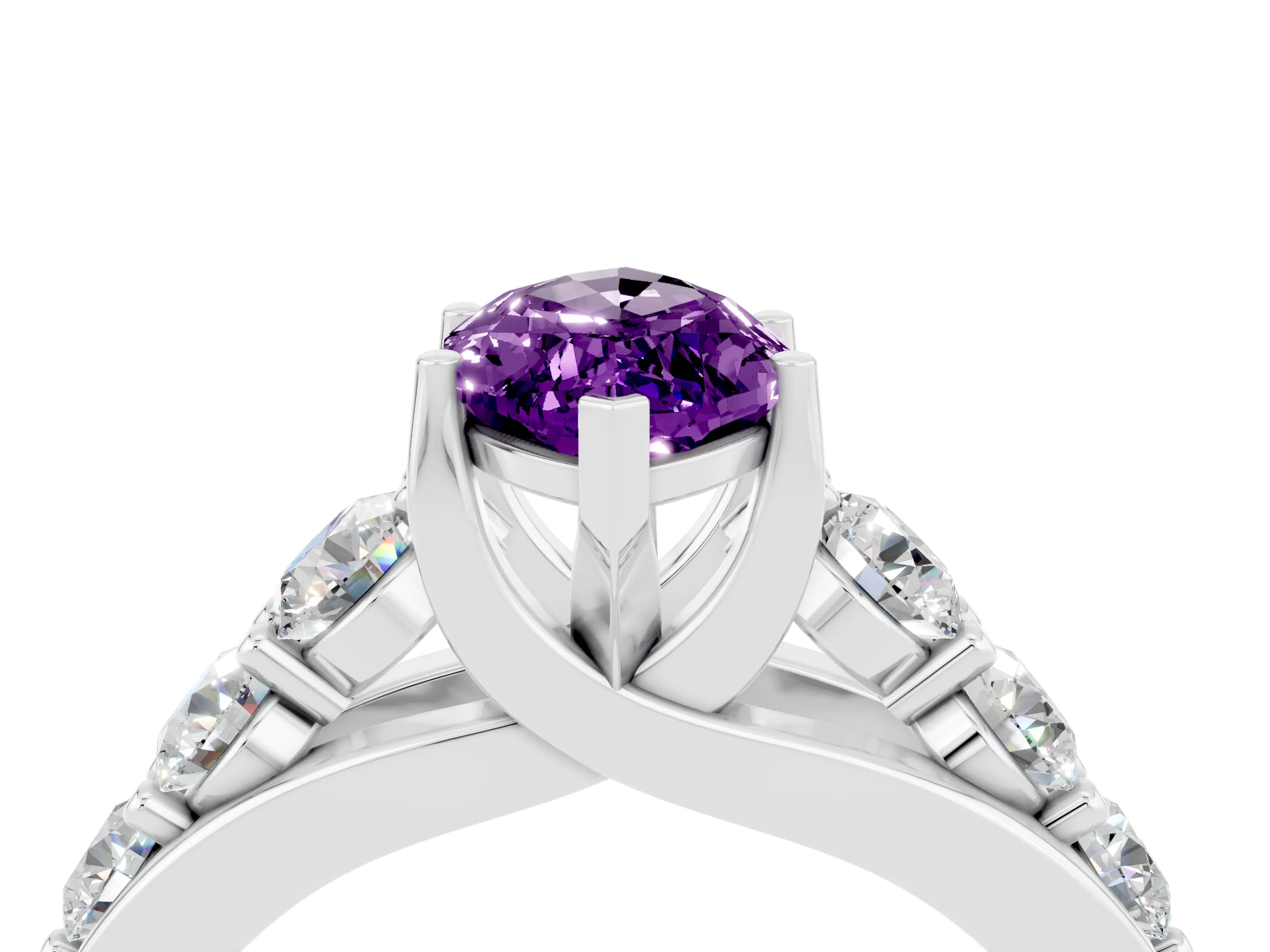 White gold Marquise Cut Amethyst Engagement Ring with Pavé Band and Four-Prong Setting_4