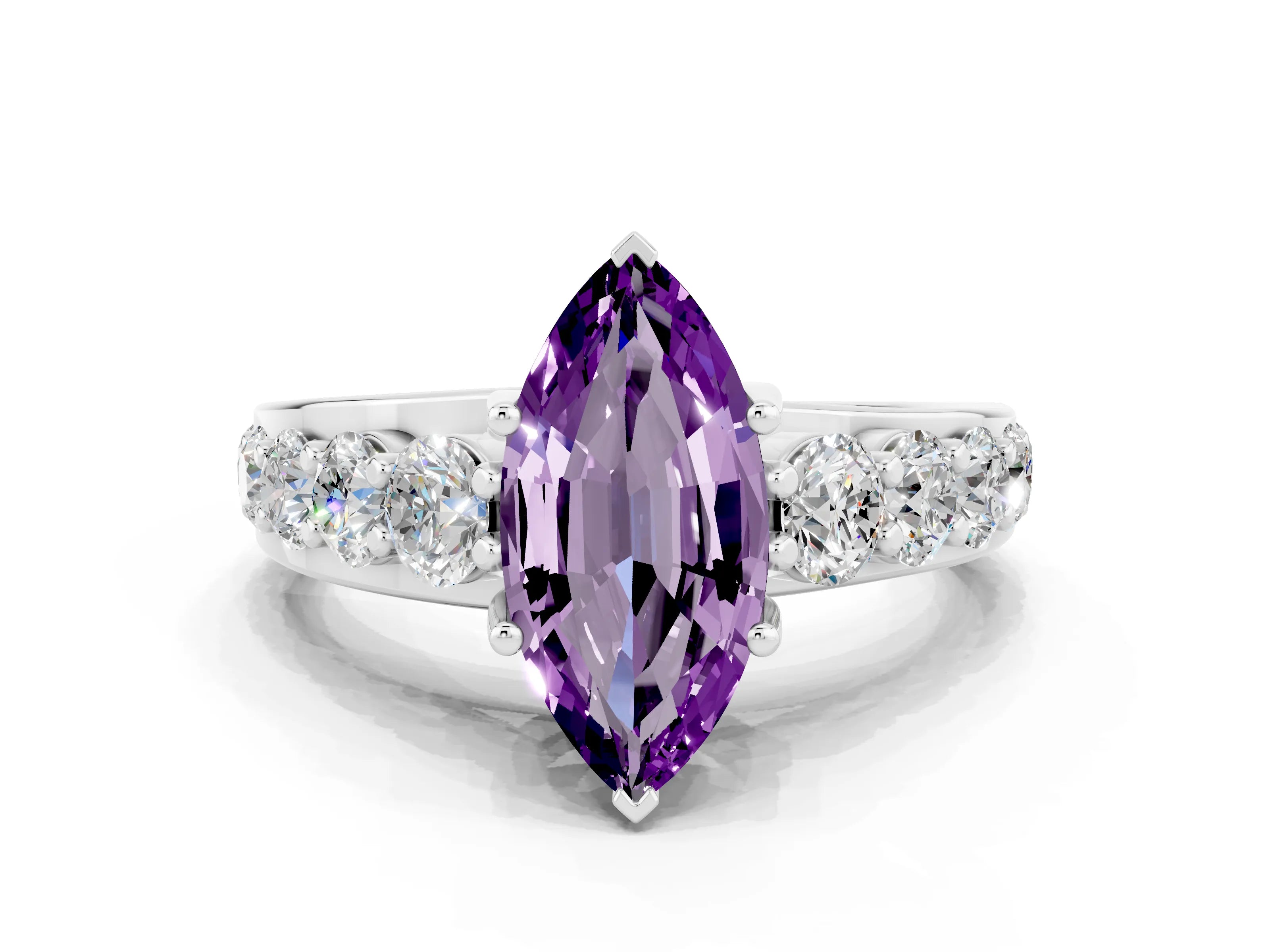 White gold Marquise Cut Amethyst Engagement Ring with Pavé Band and Four-Prong Setting