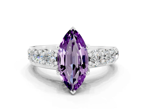 White gold Marquise Cut Amethyst Engagement Ring with Pavé Band and Four-Prong Setting