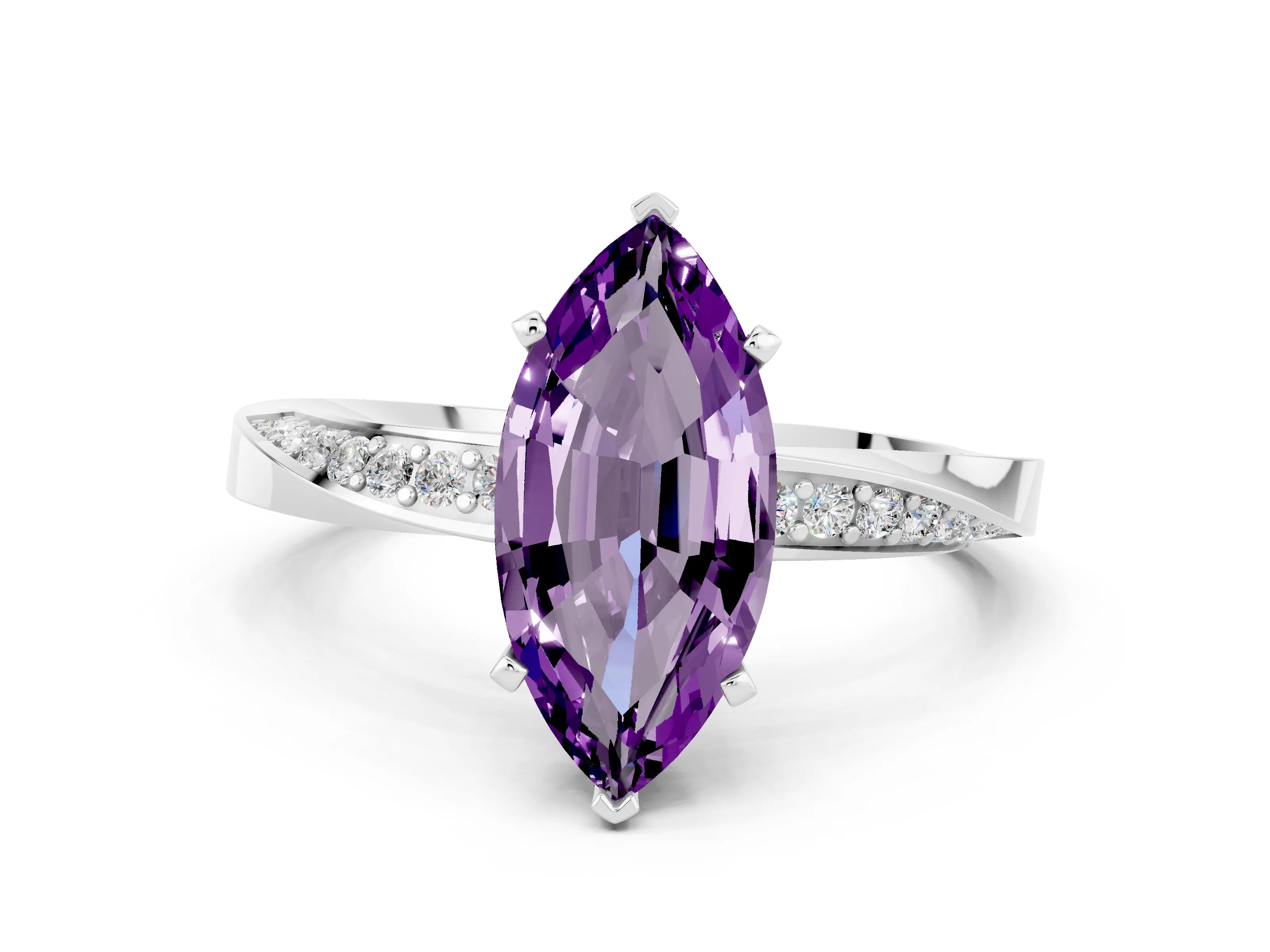 White gold Marquise Cut Amethyst Engagement Ring with Side Stone Accents and Four-Prong Setting_27