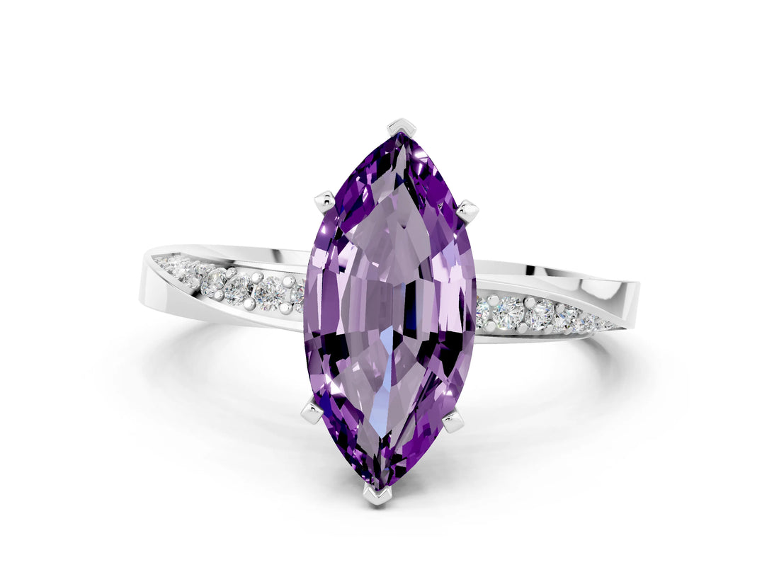 White gold Marquise Cut Amethyst Engagement Ring with Side Stone Accents and Four-Prong Setting_27