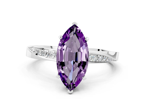 White gold Marquise Cut Amethyst Engagement Ring with Side Stone Accents and Four-Prong Setting