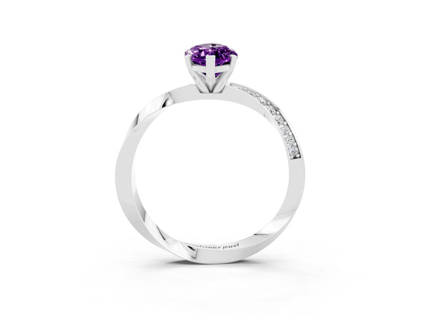 Silver Marquise Cut Amethyst Engagement Ring with Side Stone Accents and Four-Prong Setting