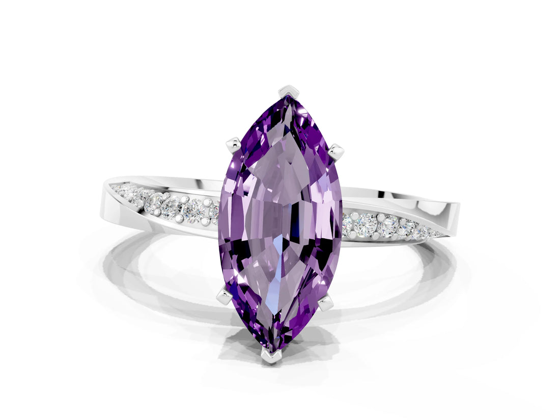 White gold Marquise Cut Amethyst Engagement Ring with Side Stone Accents and Four-Prong Setting_84