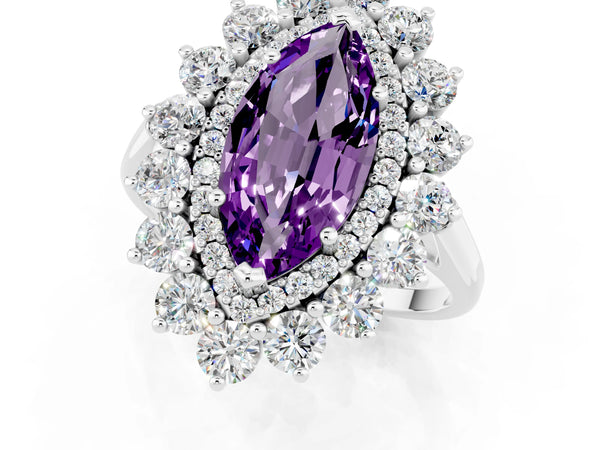 White gold Marquise Cut Amethyst Floral Double Halo Engagement Ring with Prong Setting
