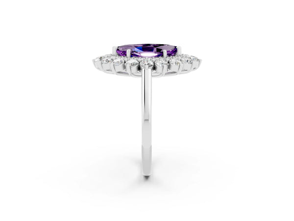 White gold Marquise Cut Amethyst Floral Double Halo Engagement Ring with Prong Setting