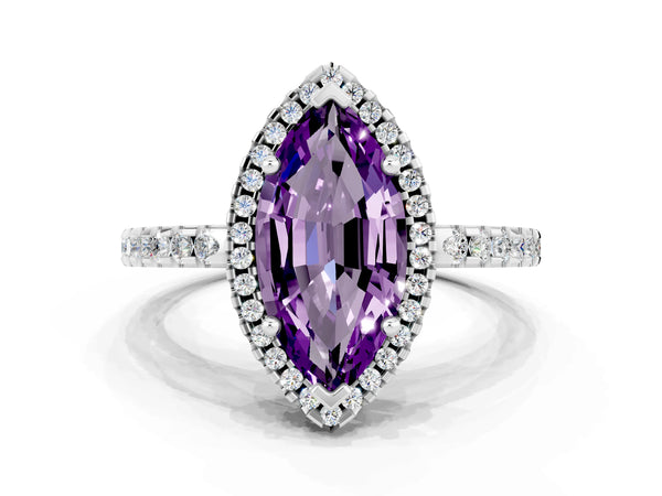 White gold Marquise Cut Amethyst Halo Engagement Ring with Pavé Band and Prong Setting