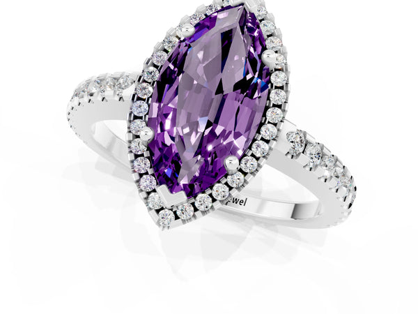 White gold Marquise Cut Amethyst Halo Engagement Ring with Pavé Band and Prong Setting