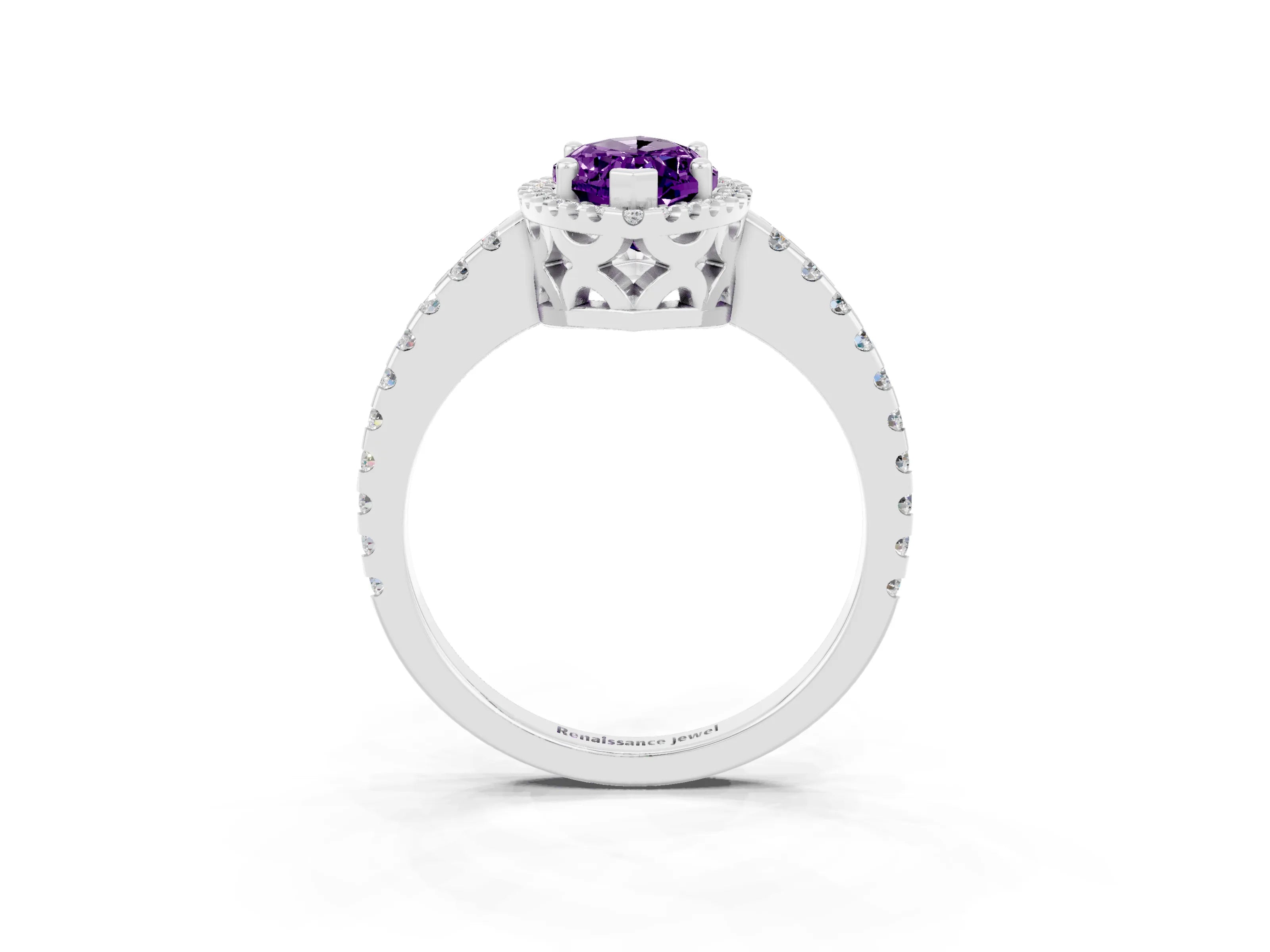 White gold Marquise Cut Amethyst Halo Engagement Ring with Pavé Band and Prong Setting_15