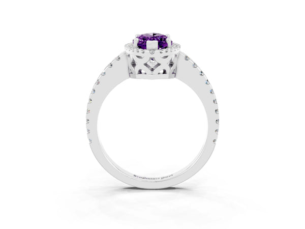 Platinum Marquise Cut Amethyst Halo Engagement Ring with Pavé Band and Prong Setting