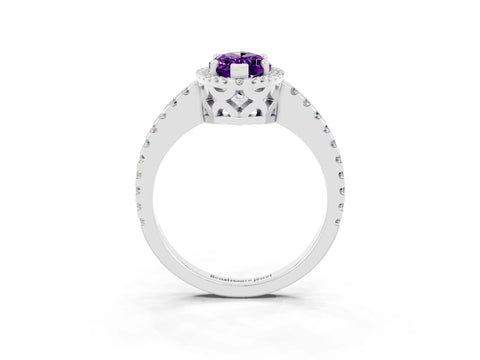 White gold Marquise Cut Amethyst Halo Engagement Ring with Pavé Band and Prong Setting_15