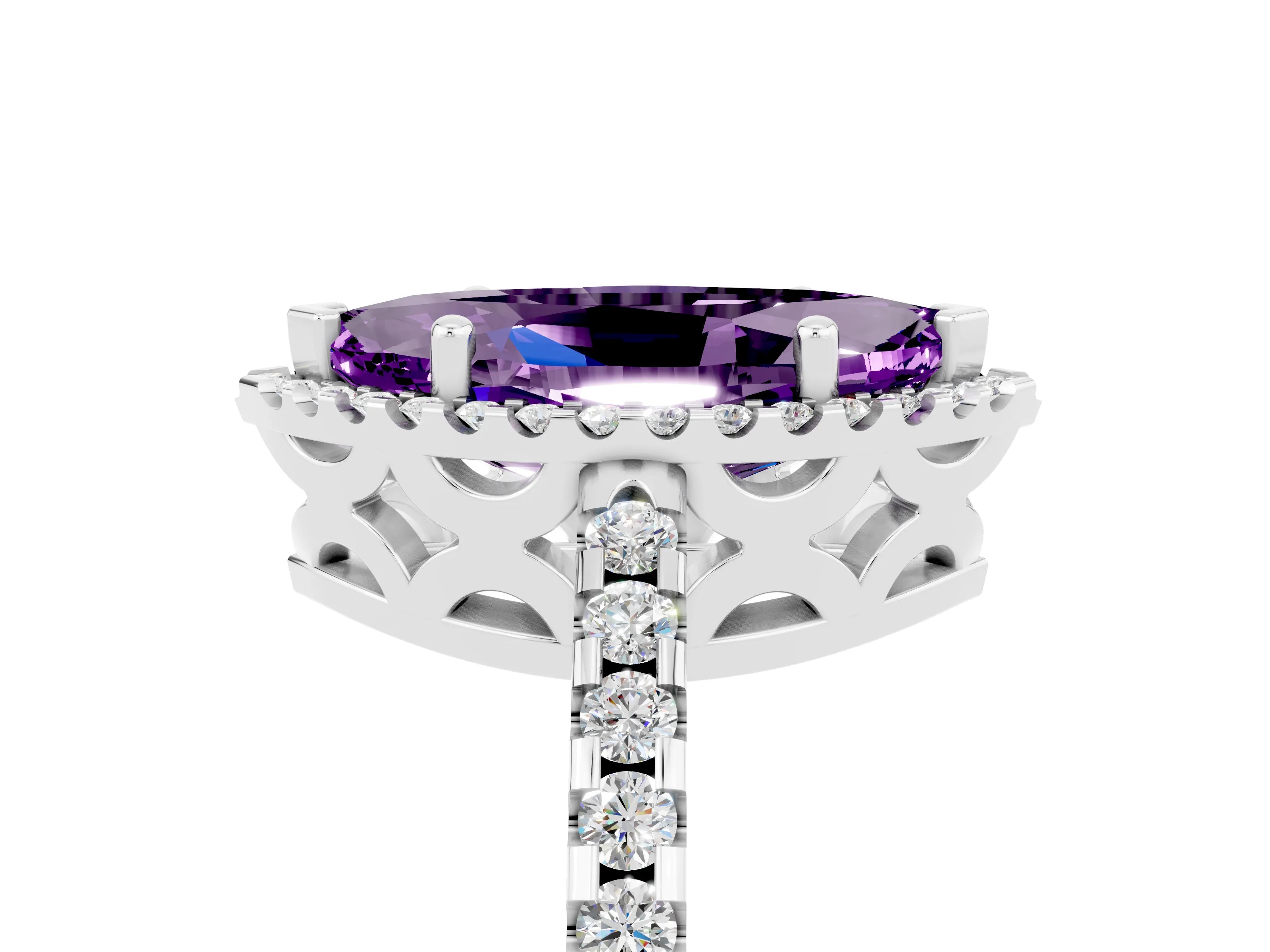 White gold Marquise Cut Amethyst Halo Engagement Ring with Pavé Band and Prong Setting_17