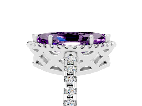 White gold Marquise Cut Amethyst Halo Engagement Ring with Pavé Band and Prong Setting_17