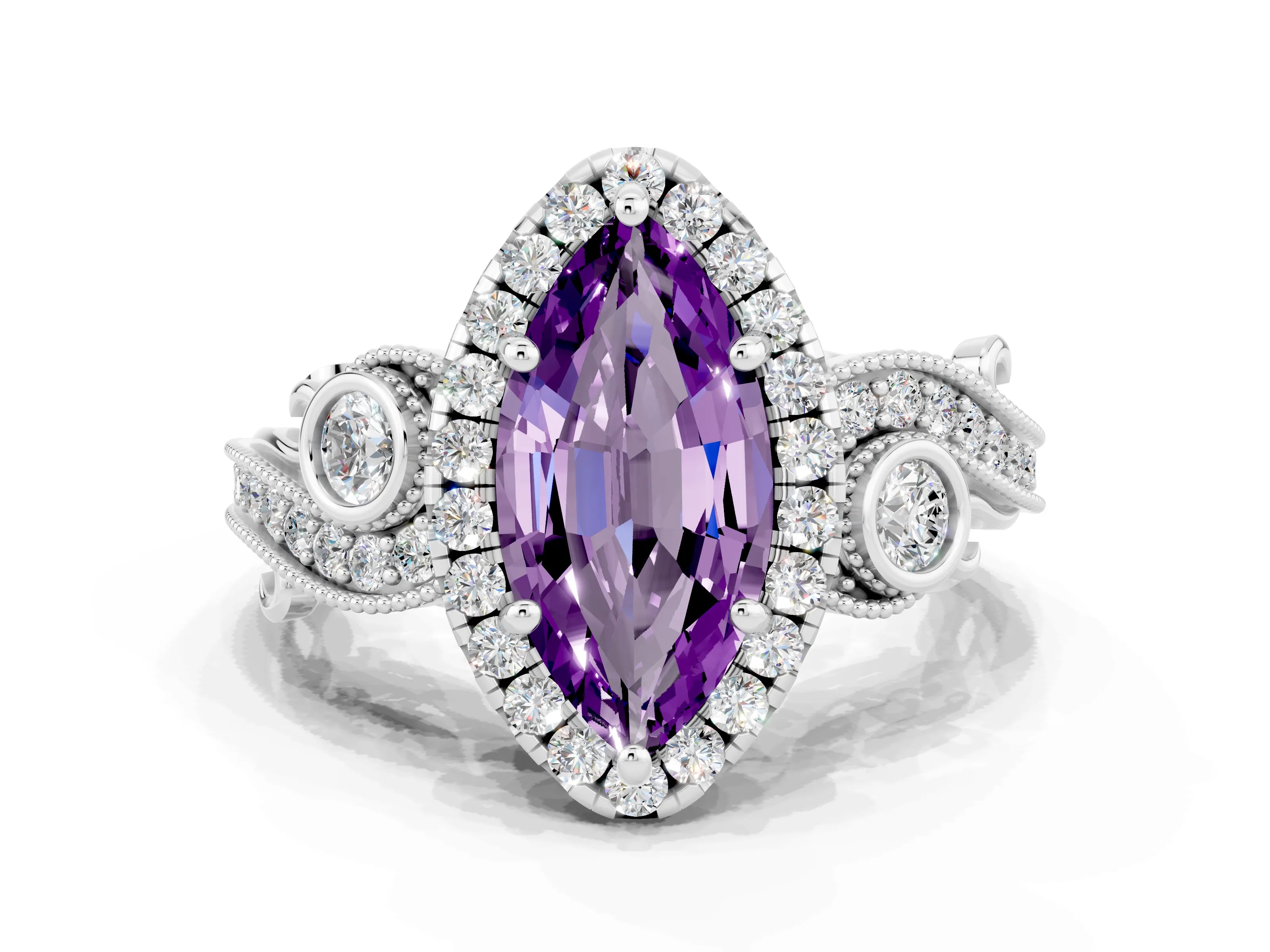 White gold Marquise Cut Amethyst Halo Ring with Milgrain Pavé Band and Four-Prong Setting_12