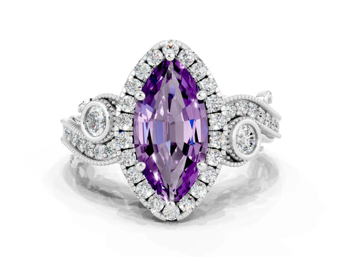 White gold Marquise Cut Amethyst Halo Ring with Milgrain Pavé Band and Four-Prong Setting_12
