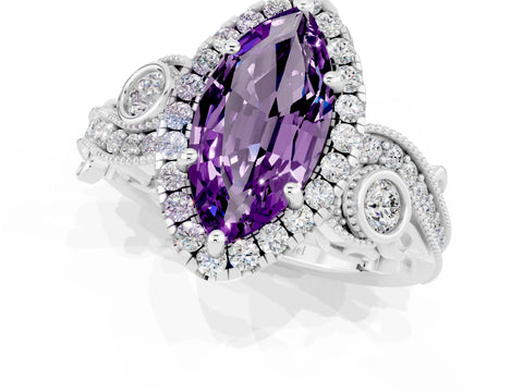 White gold Marquise Cut Amethyst Halo Ring with Milgrain Pavé Band and Four-Prong Setting_13