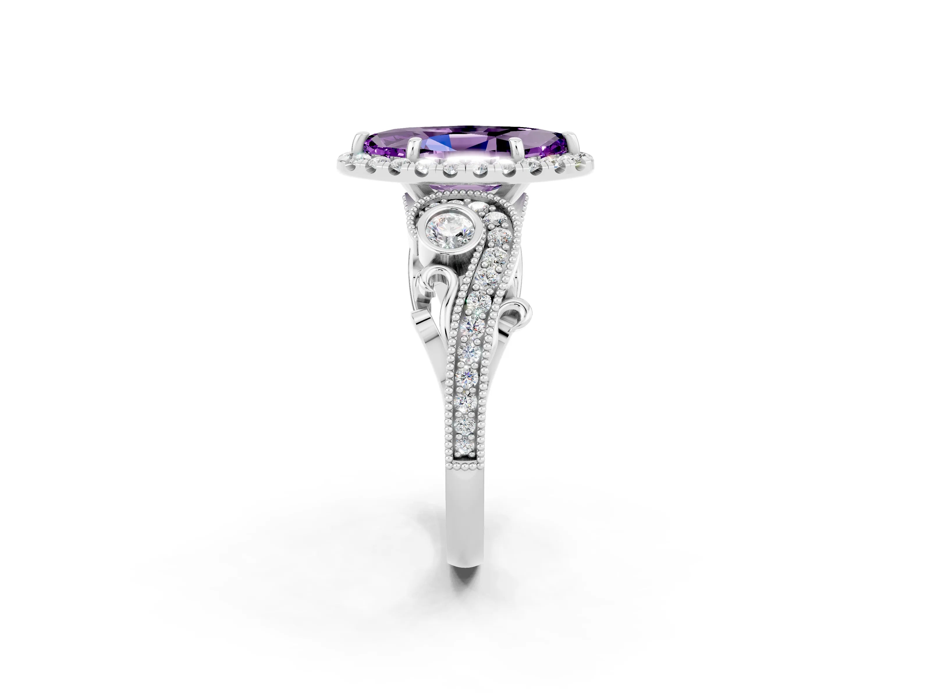 White gold Marquise Cut Amethyst Halo Ring with Milgrain Pavé Band and Four-Prong Setting_14