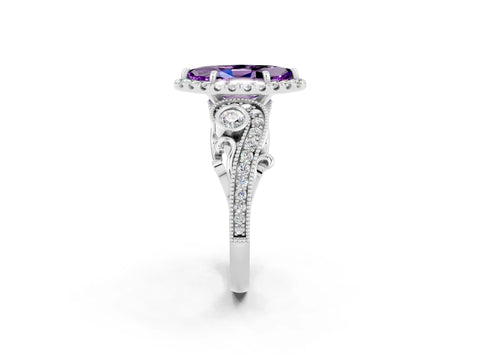 White gold Marquise Cut Amethyst Halo Ring with Milgrain Pavé Band and Four-Prong Setting_14