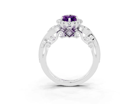 White gold Marquise Cut Amethyst Halo Ring with Milgrain Pavé Band and Four-Prong Setting_15