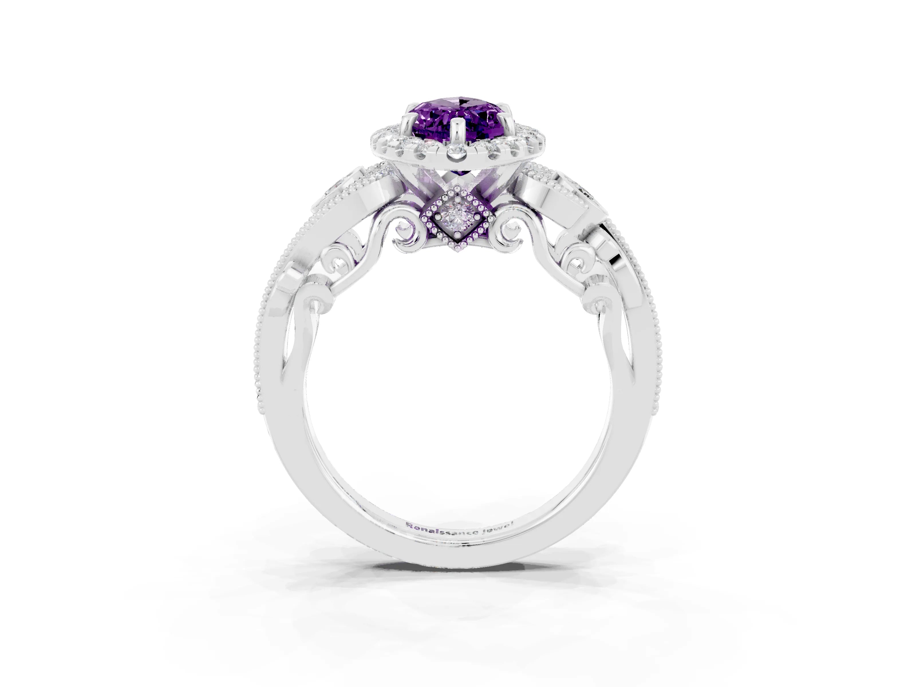 White gold Marquise Cut Amethyst Halo Ring with Milgrain Pavé Band and Four-Prong Setting_15