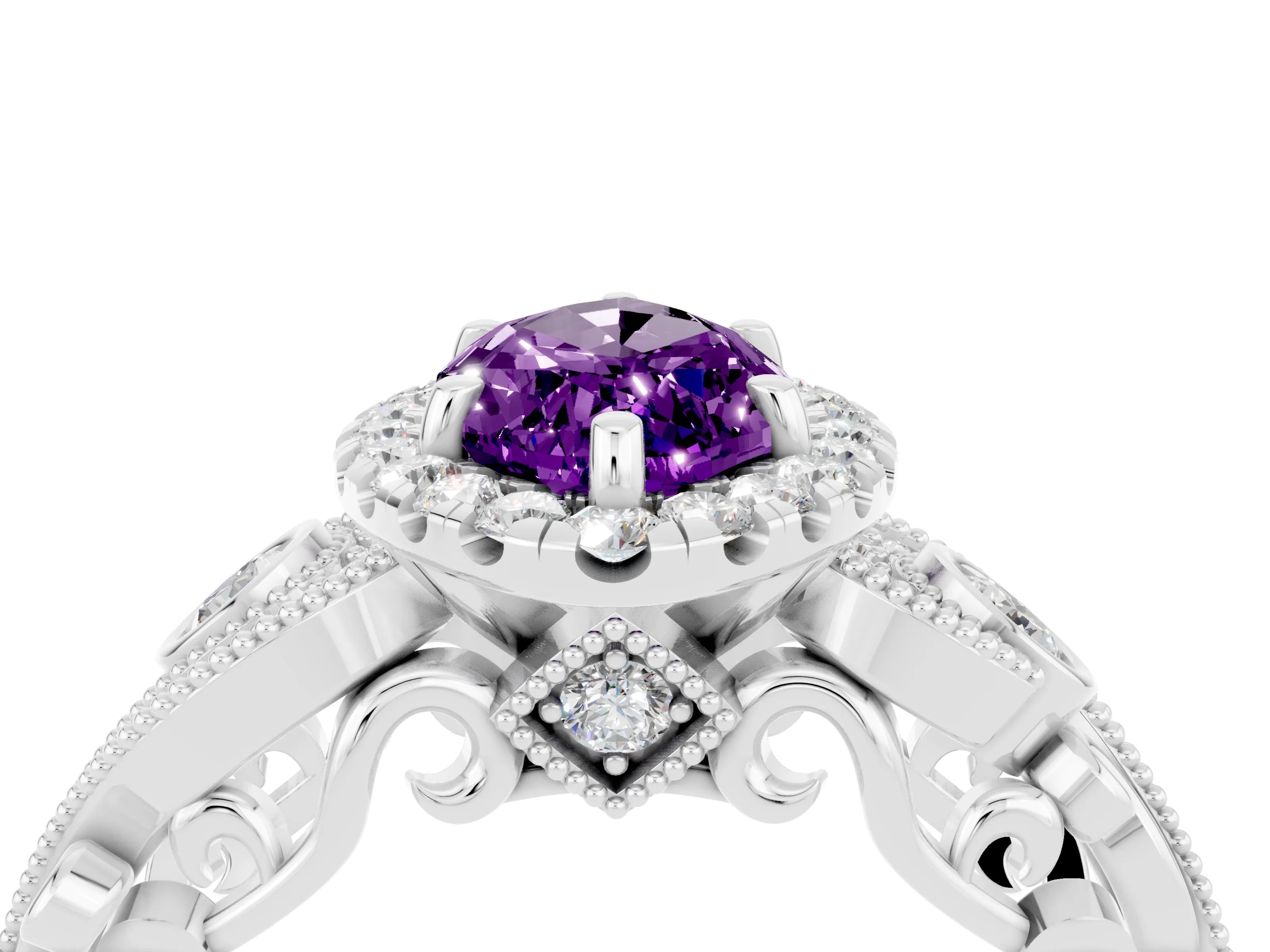 White gold Marquise Cut Amethyst Halo Ring with Milgrain Pavé Band and Four-Prong Setting_16