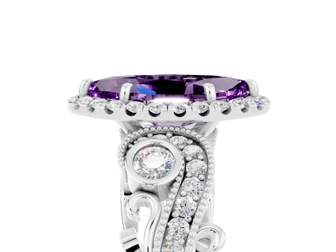 White gold Marquise Cut Amethyst Halo Ring with Milgrain Pavé Band and Four-Prong Setting_17