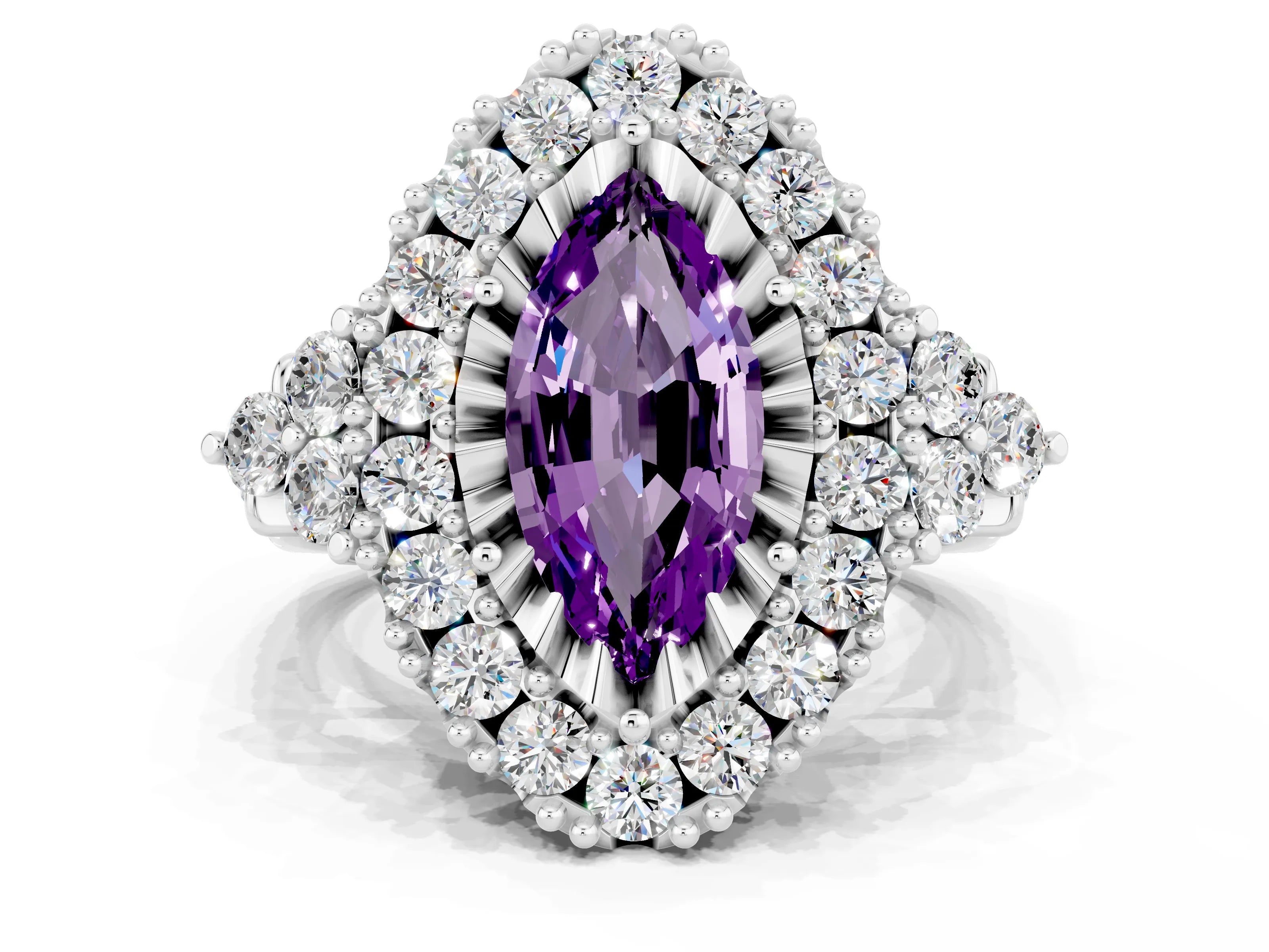 White gold Marquise Cut Amethyst Halo Ring with Pavé Band and Four-Prong Setting_12