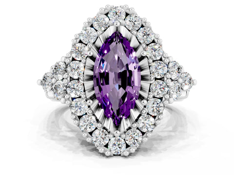 White gold Marquise Cut Amethyst Halo Ring with Pavé Band and Four-Prong Setting_12