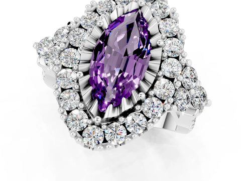White gold Marquise Cut Amethyst Halo Ring with Pavé Band and Four-Prong Setting_13