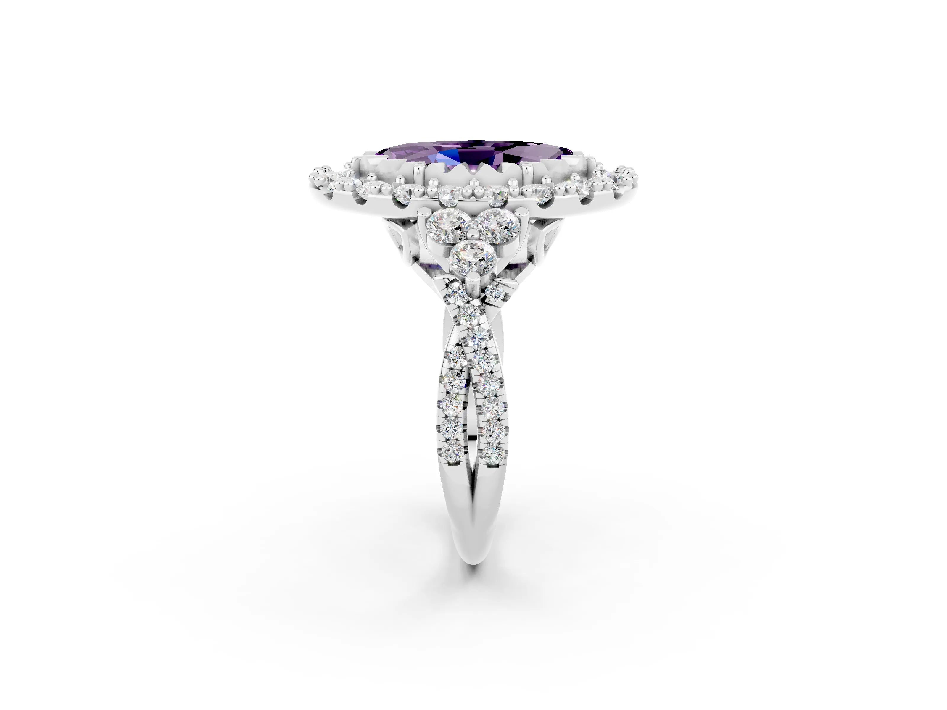 White gold Marquise Cut Amethyst Halo Ring with Pavé Band and Four-Prong Setting_14